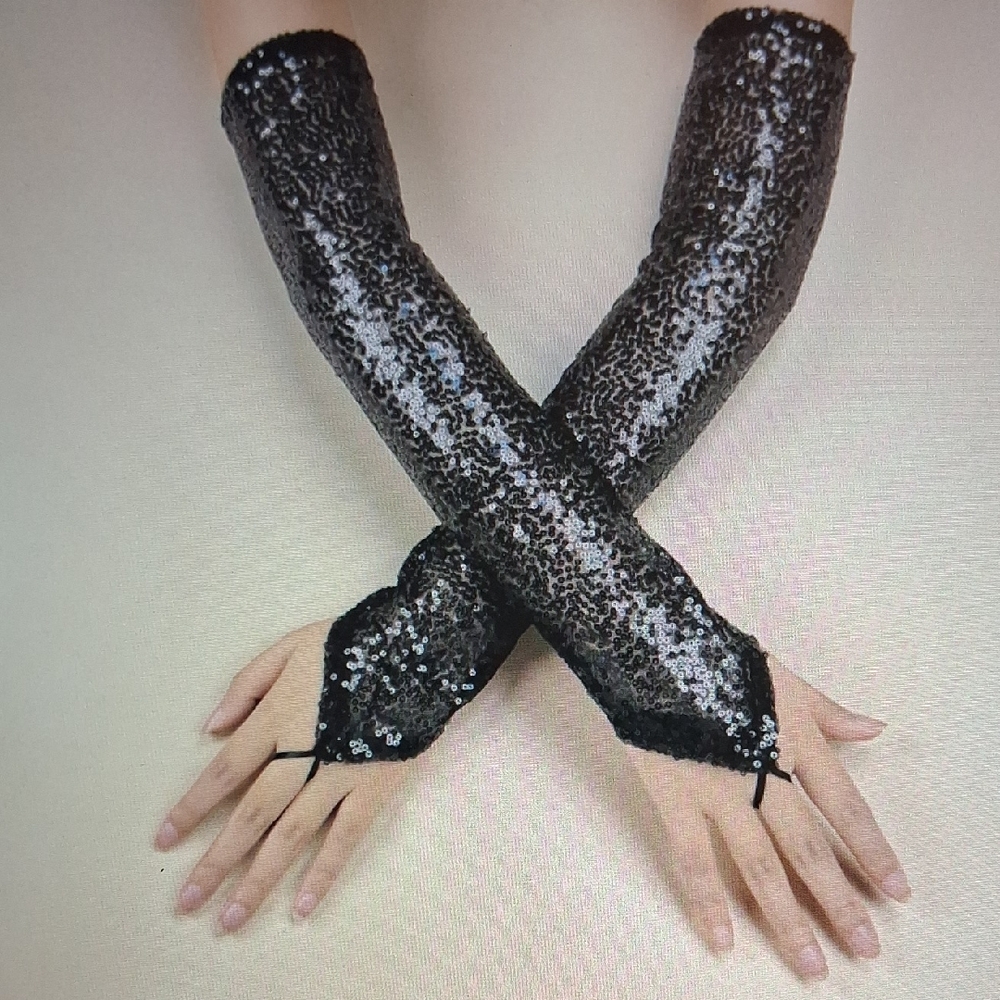 Elegant Black Sequin Fingerless GLOVES